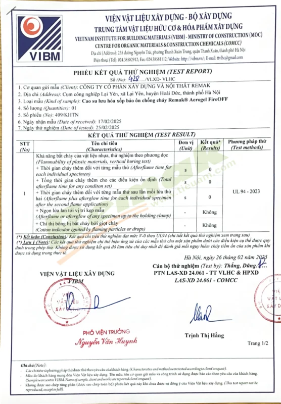 Chứng chỉ kiểm định khả năng chống cháy cao su lưu hóa Remak® Aerogel